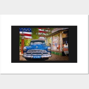 Classic American Automobile with American Flag Posters and Art